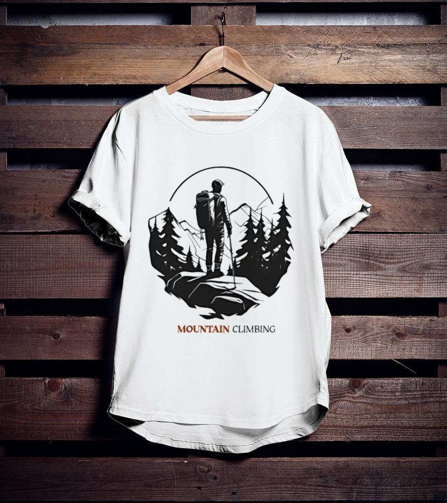 Mountain Climbing Adventure Climber On Cliff Overlooking Mountain And Forest T-Shirt