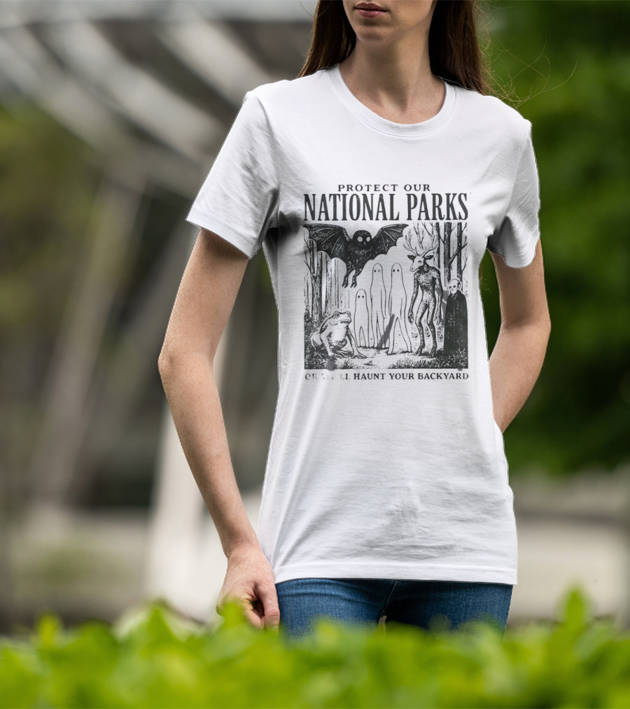 Protect Our National Parks Mothman Bigfoot Ghost Deer Cryptid Horror Characters T-Shirt