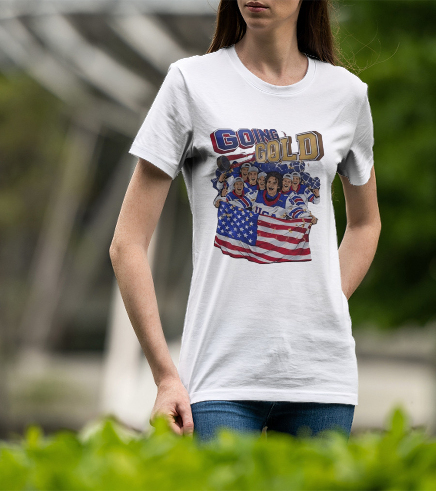 GOING GOLD USA Hockey Team Celebration With Flag T-Shirt