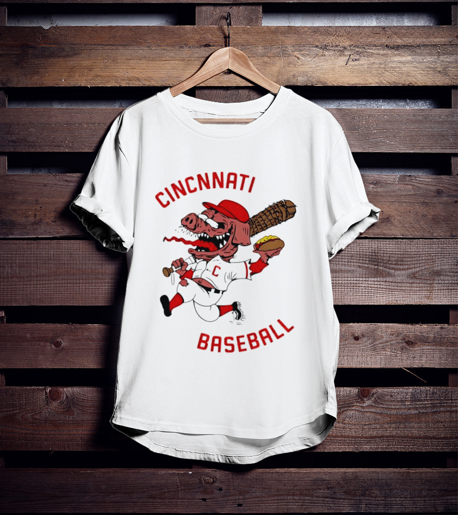Cincinnati Baseball Pig Holding Hot Dog Bat T-Shirt