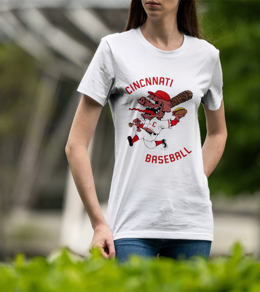 Cincinnati Baseball Pig Holding Hot Dog Bat T-Shirt