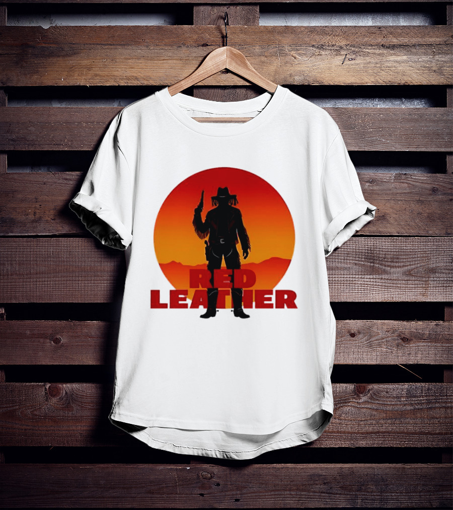Red Leather Cowboy Sunset Silhouette With Gun And Hat In Desert T-Shirt