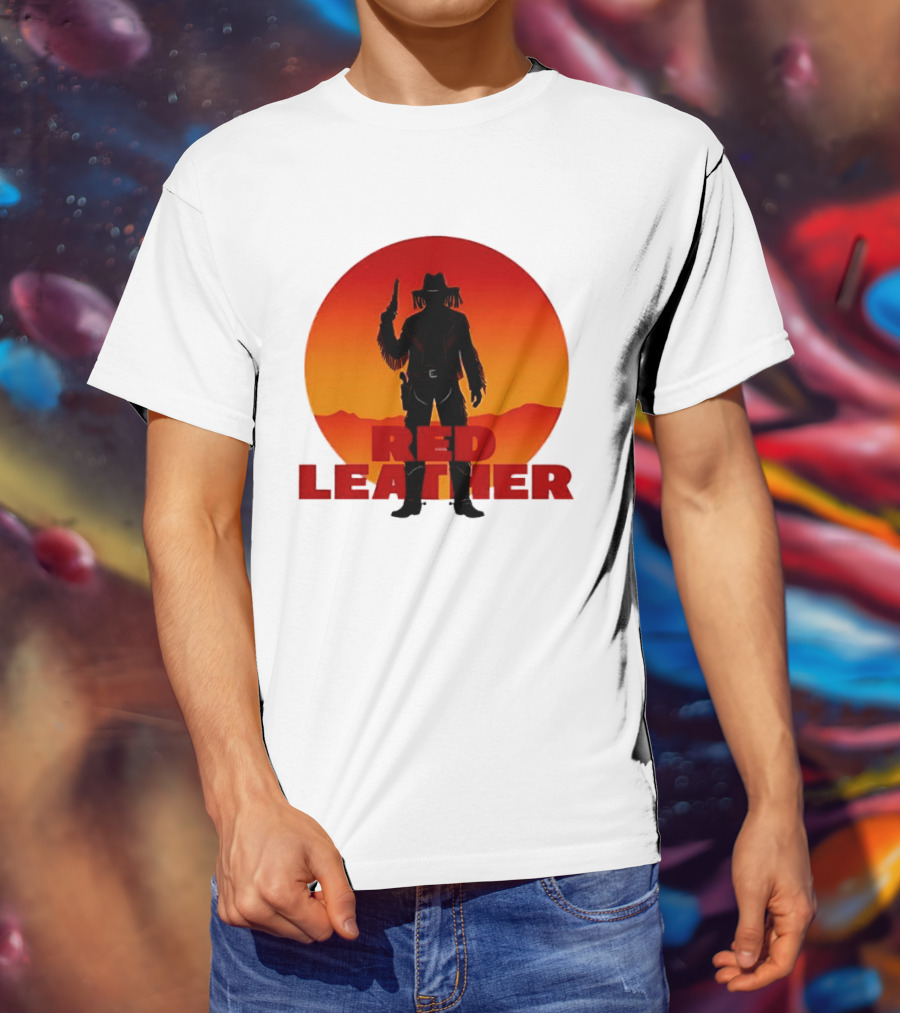 Red Leather Cowboy Sunset Silhouette With Gun And Hat In Desert T-Shirt