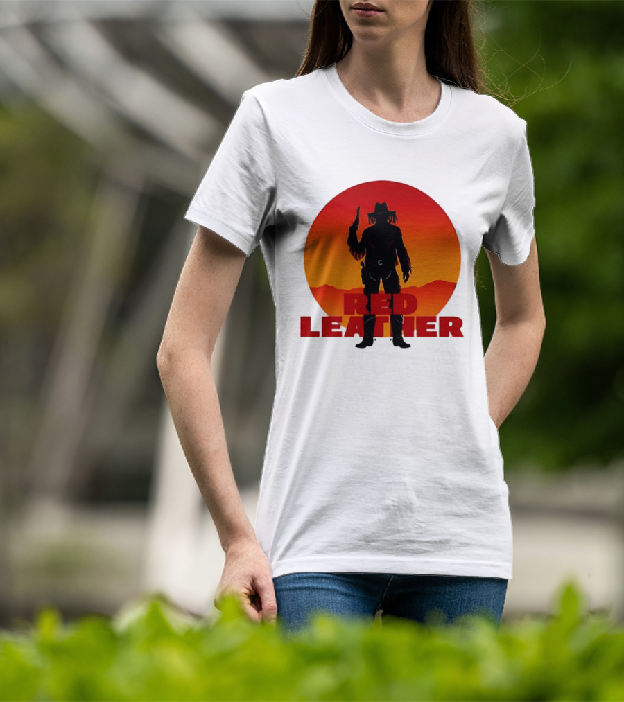 Red Leather Cowboy Sunset Silhouette With Gun And Hat In Desert T-Shirt