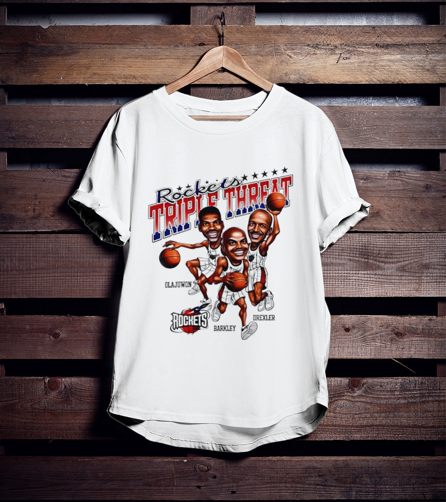 Hakeem Olajuwon Charles Barkley Clyde Drexler Rockets Triple Threat NBA Legends T-Shirt