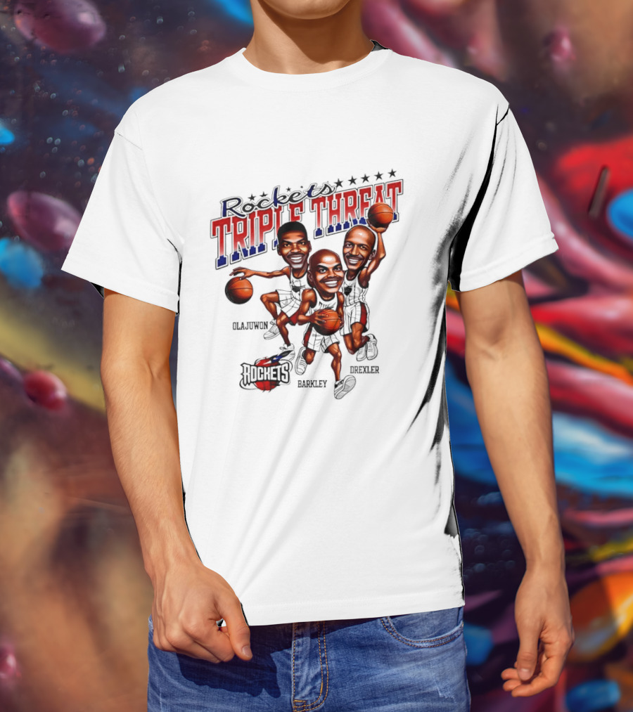 Hakeem Olajuwon Charles Barkley Clyde Drexler Rockets Triple Threat NBA Legends T-Shirt