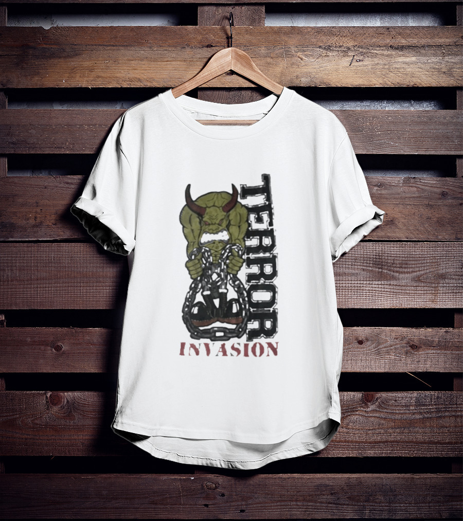 Terror Invasion Demon Holding Chains Warrior Monster T-Shirt