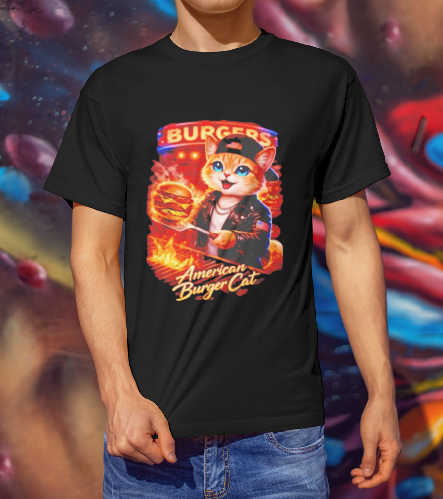 Burgers Flame Grilling American Burger Cat Fun T-Shirt