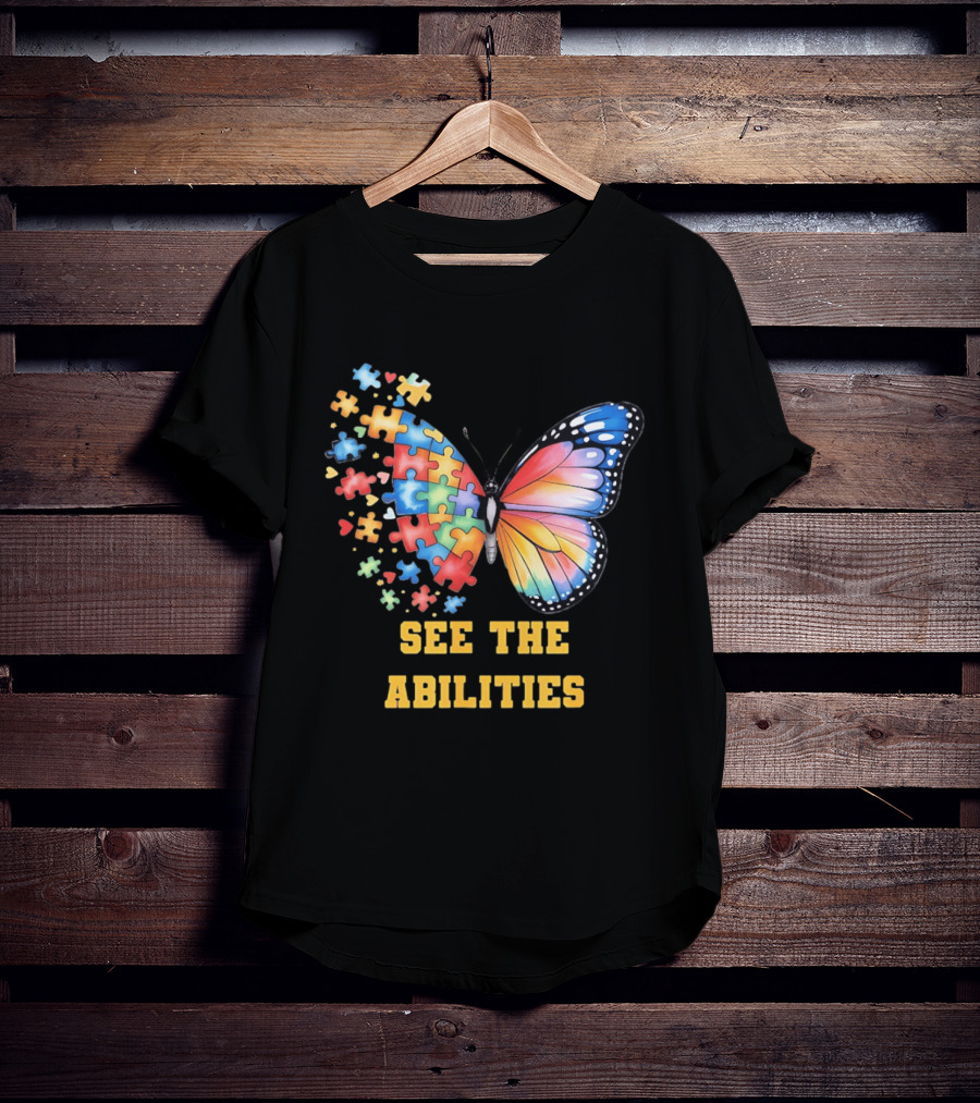 Butterfly Puzzle Pieces Autism Awareness See The Abilities T-Shirt