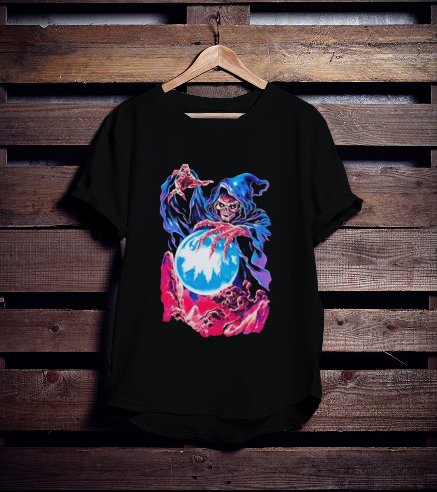 Grim Reaper Crystal Ball Skull Mystical Skeleton Hooded Cloak T-Shirt