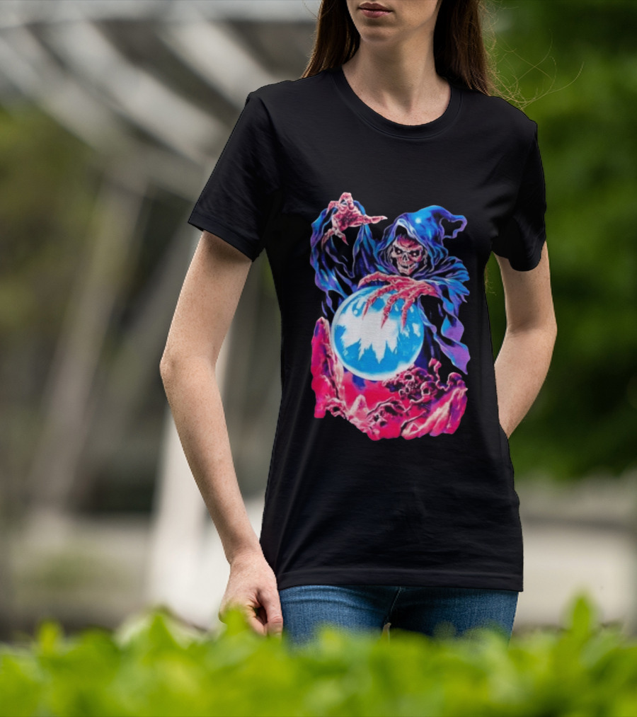 Grim Reaper Crystal Ball Skull Mystical Skeleton Hooded Cloak T-Shirt