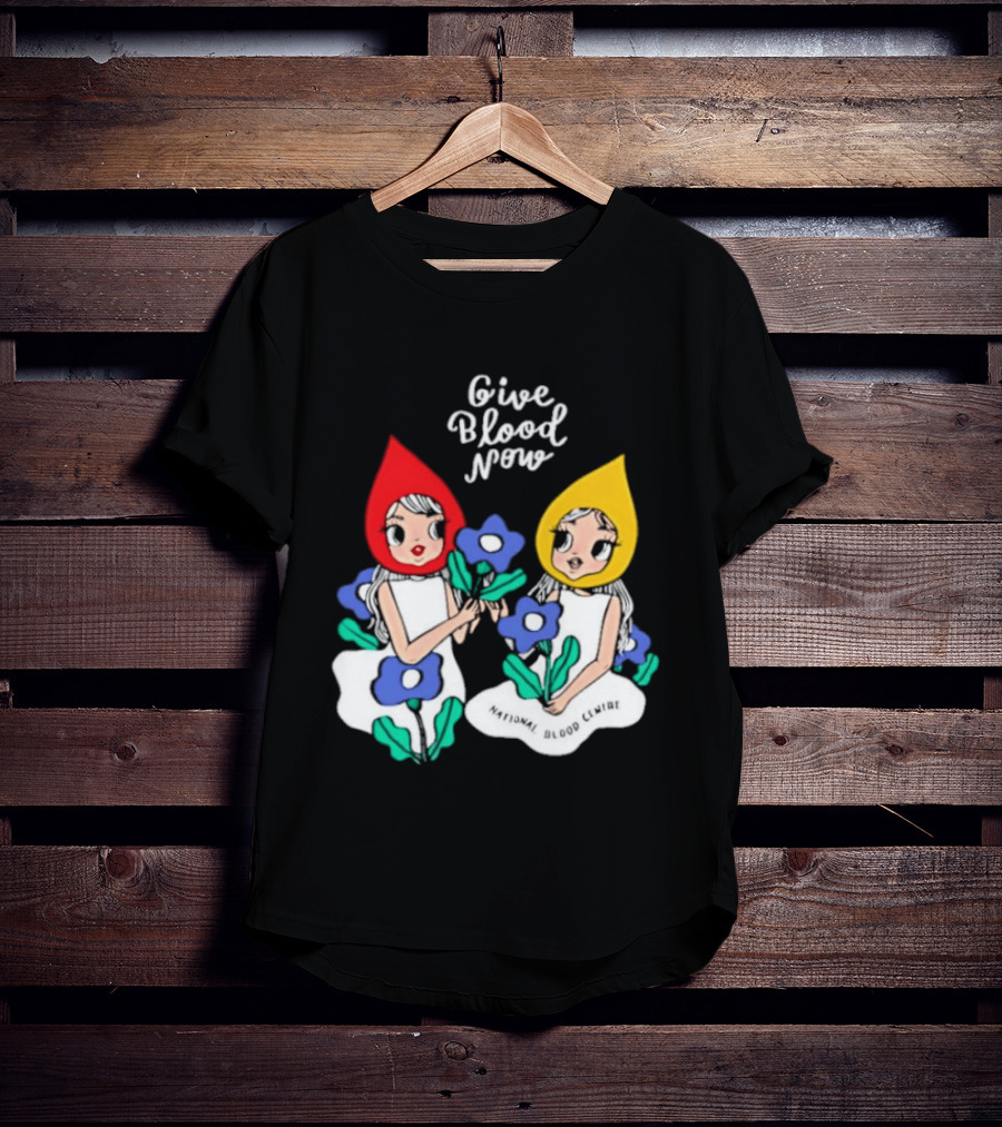 Give Blood Now National Blood Centre Cartoon Girls With Flowers T-Shirt