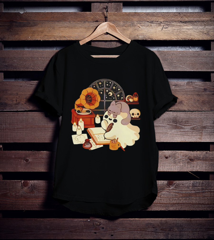 Ghost Cat Listening To Phonograph Under Night Sky While Writing T-Shirt
