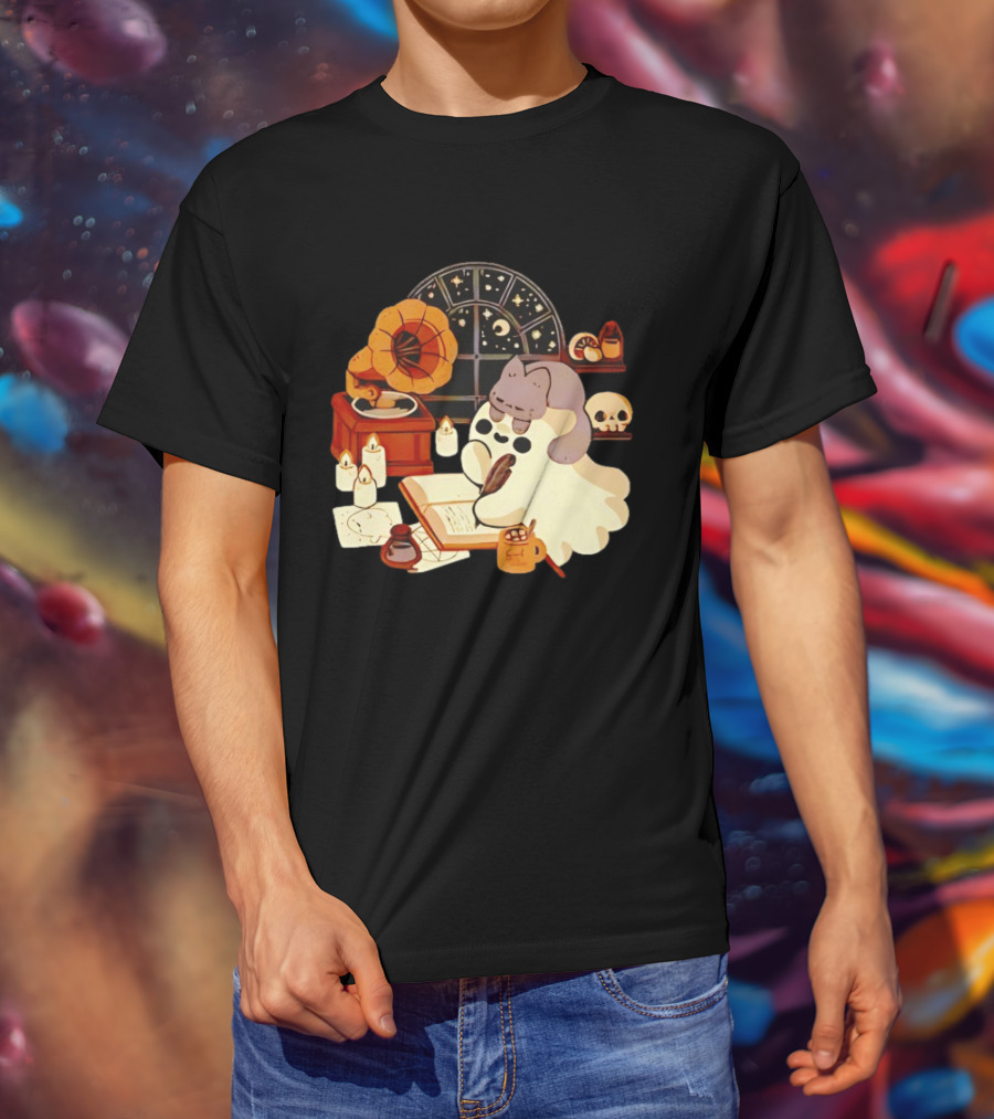 Ghost Cat Listening To Phonograph Under Night Sky While Writing T-Shirt