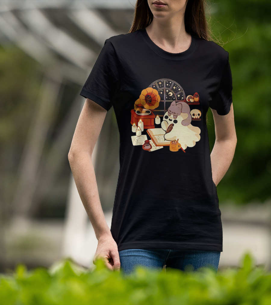Ghost Cat Listening To Phonograph Under Night Sky While Writing T-Shirt