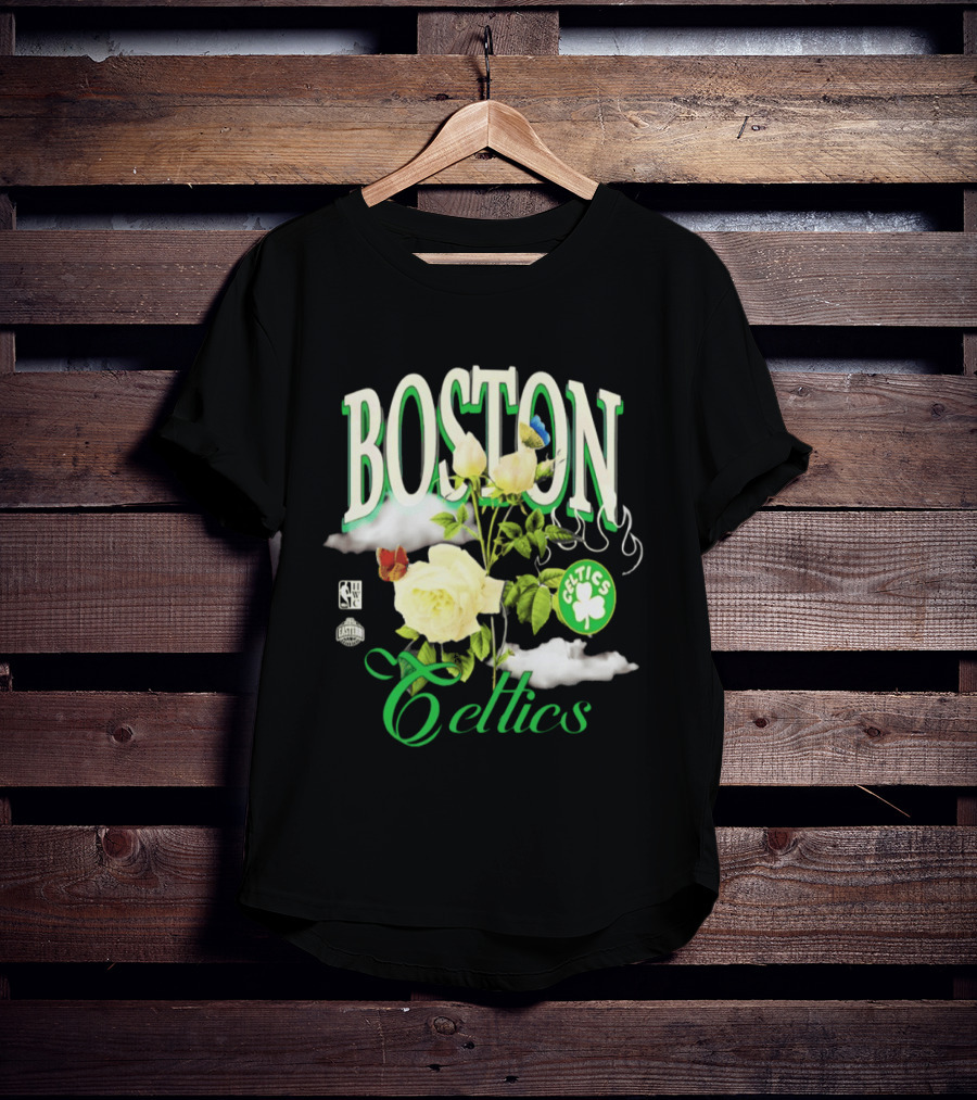 Boston Celtics Floral Roses With Butterfly And Shamrock T-Shirt