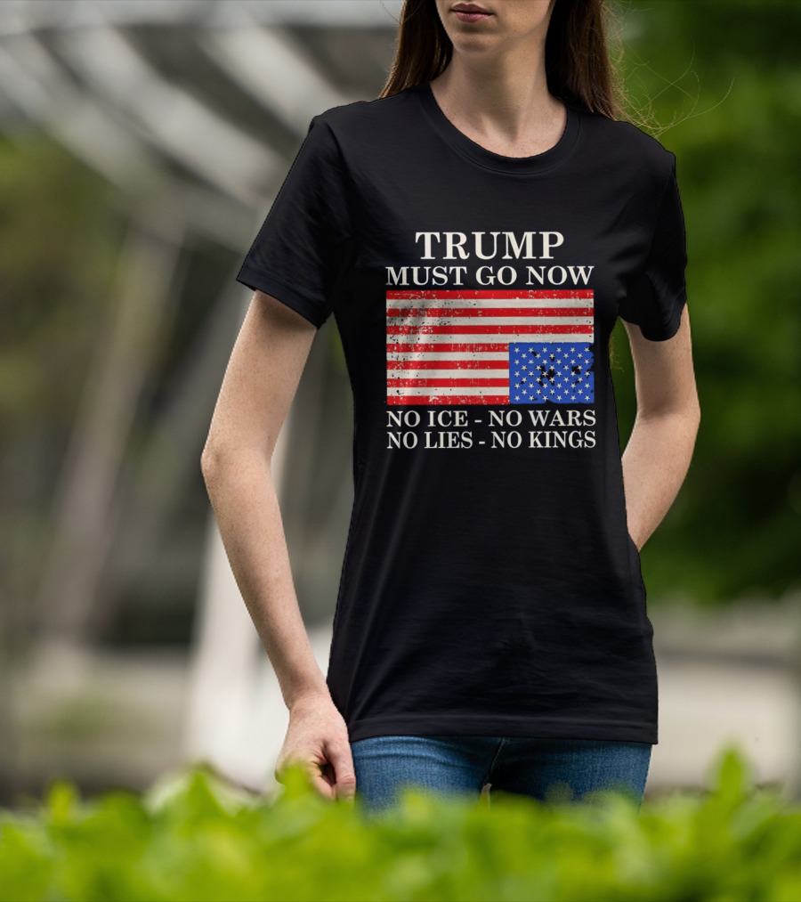 Trump Must Go Now No Ice No Wars No Lies No Kings American Flag T-Shirt