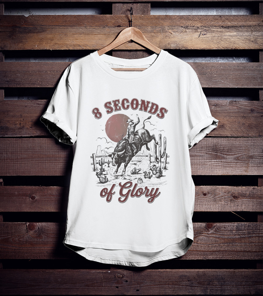 8 Seconds Of Glory Cowboy Riding Rodeo Bull Southwestern Desert Scene T-Shirt