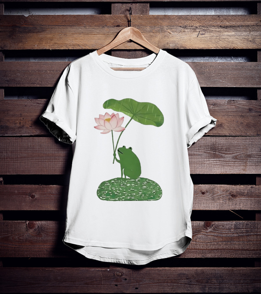 Frog With Lotus Umbrella Under The Rain Meme Cute Nature Scene T-Shirt