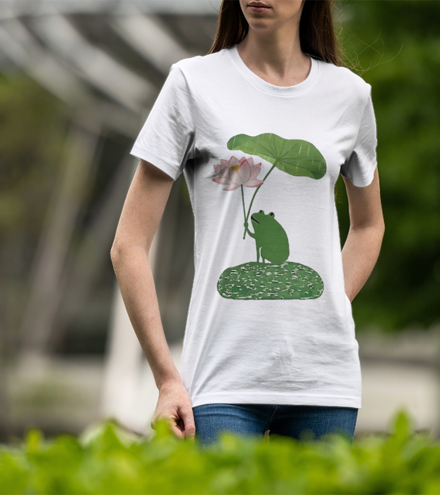 Frog With Lotus Umbrella Under The Rain Meme Cute Nature Scene T-Shirt