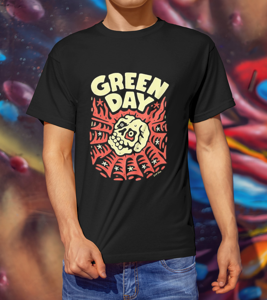 Green Day Skull Spider Red And Cream T-Shirt