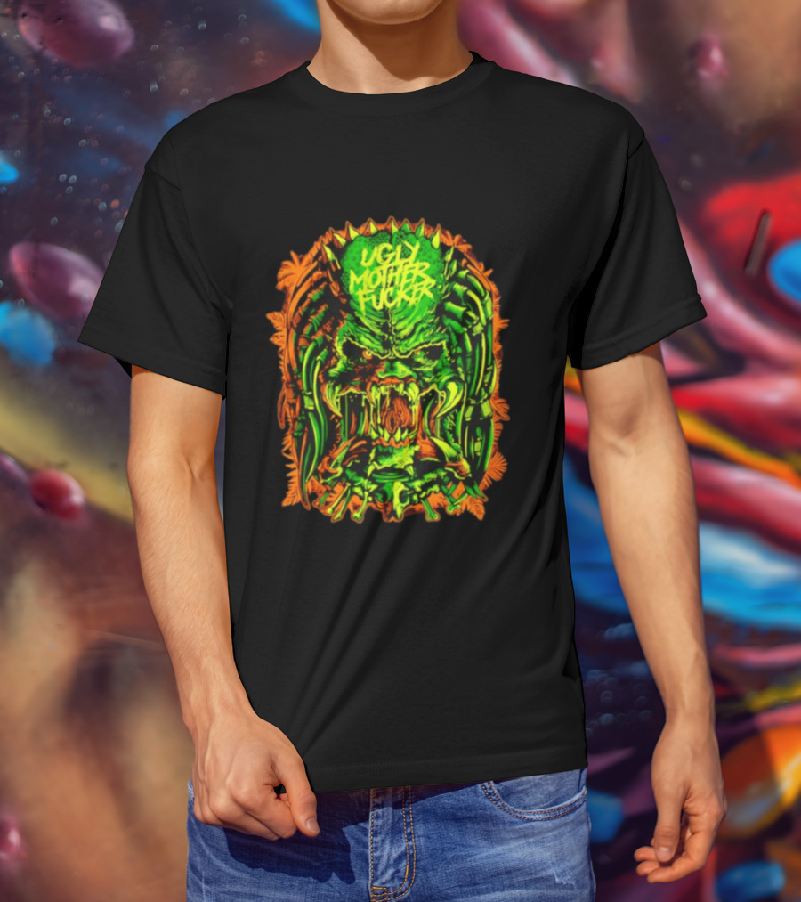 Predator Ugly Mother Fucker Alien Mask Neon Green And Orange T-Shirt