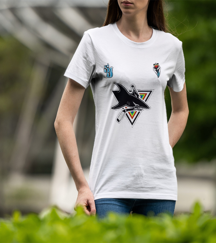 San Jose Sharks Pride Night 2026 Team Logo With Rainbow Accents T-Shirt