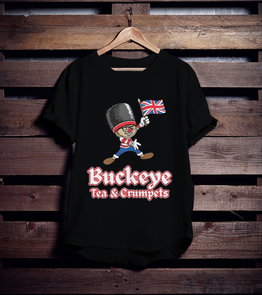 Buckeye Tea And Crumpets British Guard Cartoon With Union Jack Flag T-Shirt