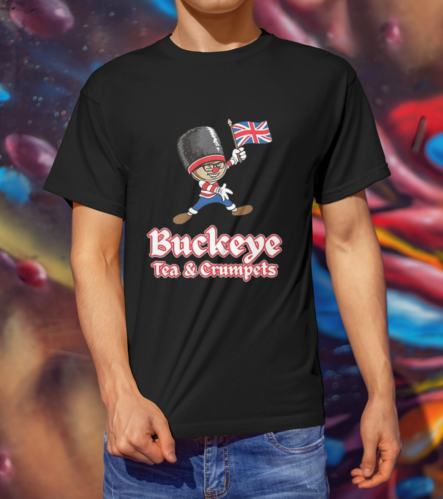 Buckeye Tea And Crumpets British Guard Cartoon With Union Jack Flag T-Shirt