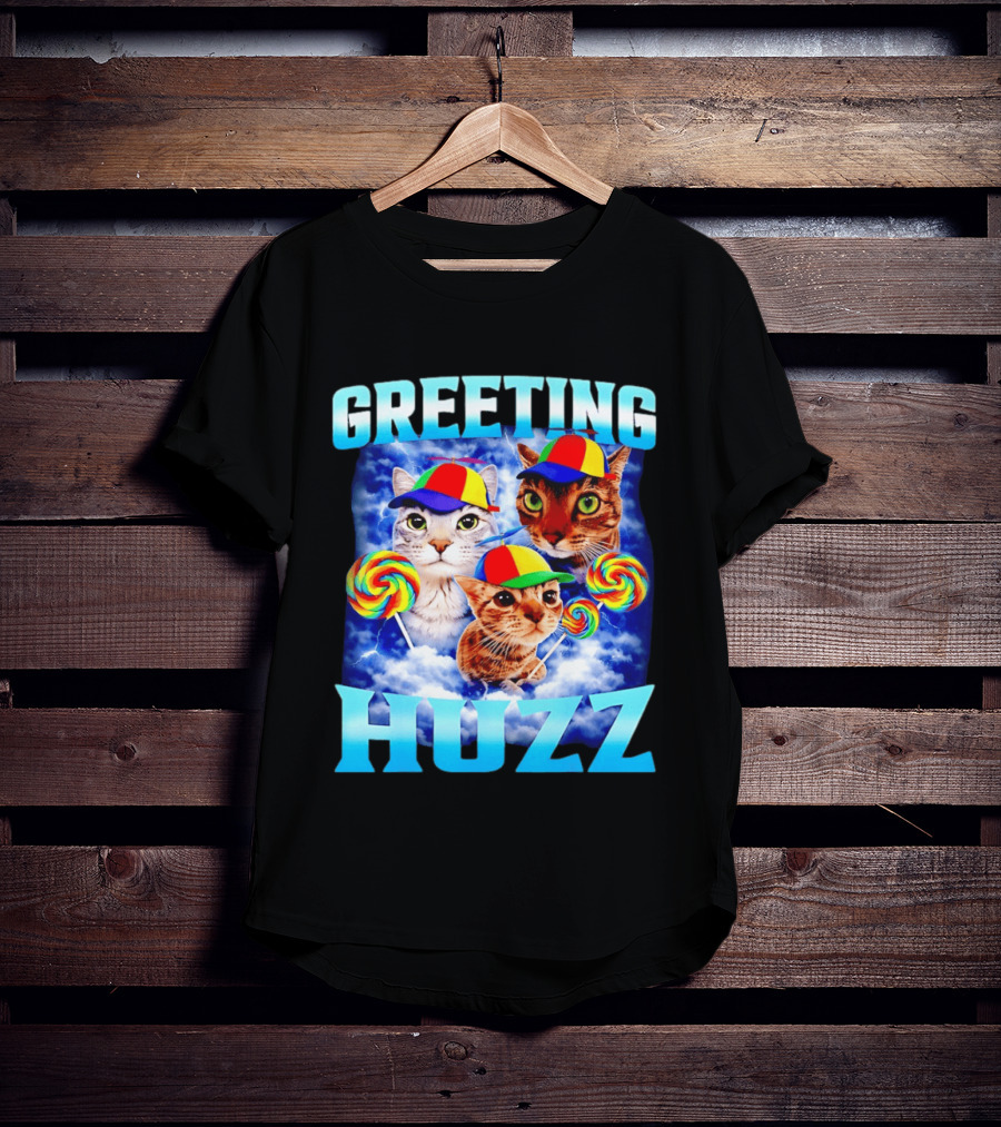 Greeting Huzz Cat Meme With Lollipops And Colorful Hats T-Shirt
