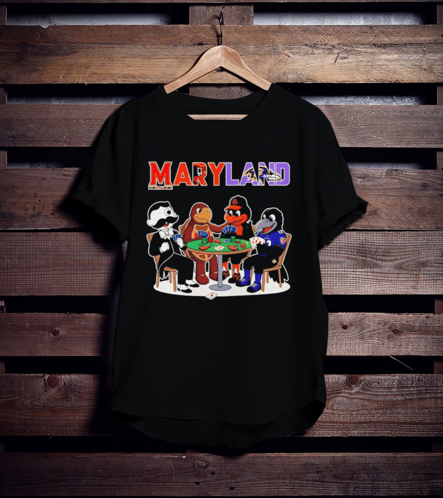Maryland Mascots Playing Poker With Natty Boh, Orioles, Ravens, And Terrapins T-Shirt