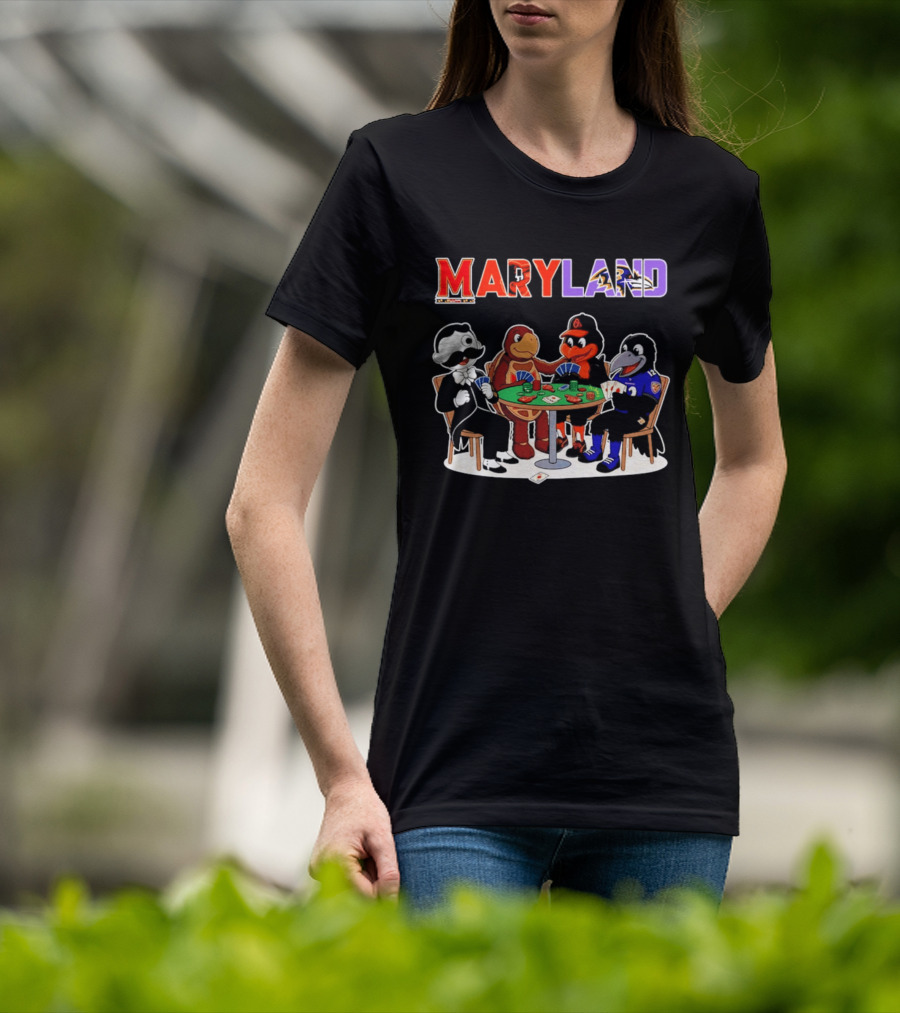 Maryland Mascots Playing Poker With Natty Boh, Orioles, Ravens, And Terrapins T-Shirt