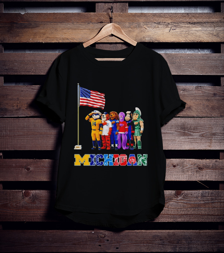 Patriotism In Michigan Sports Mascots Saluting American Flag T-Shirt