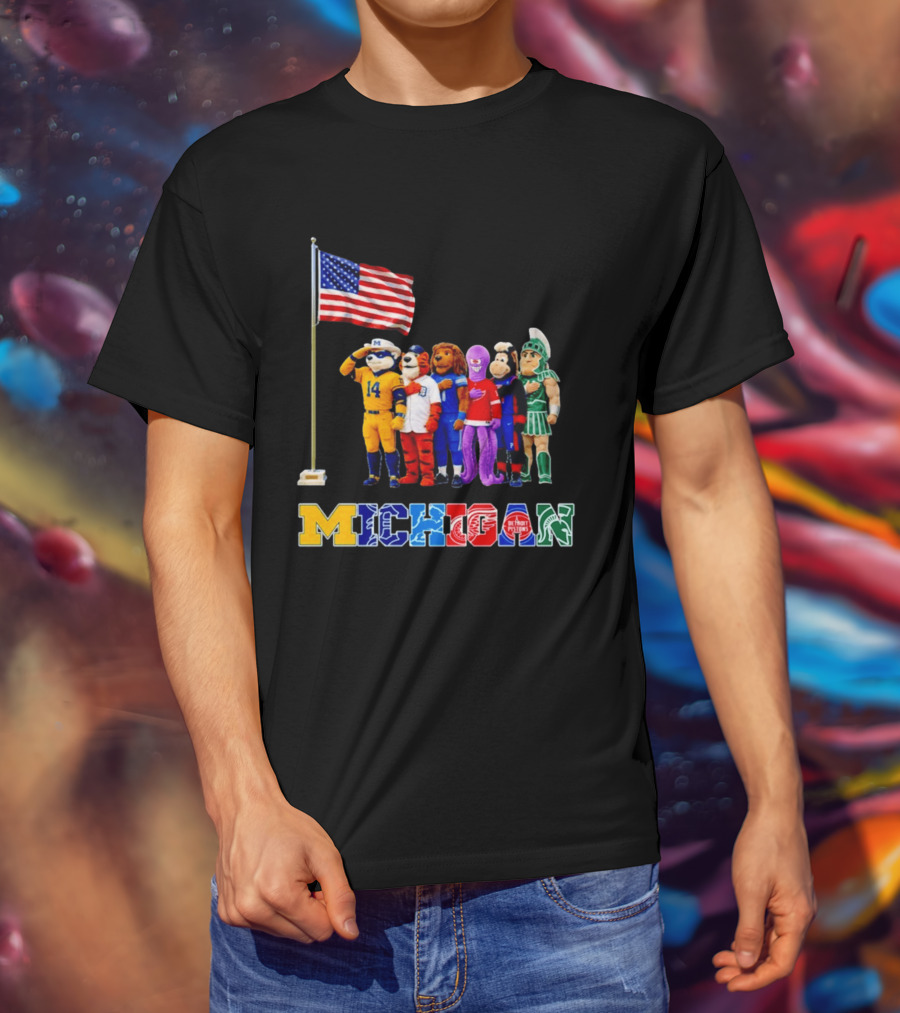 Patriotism In Michigan Sports Mascots Saluting American Flag T-Shirt