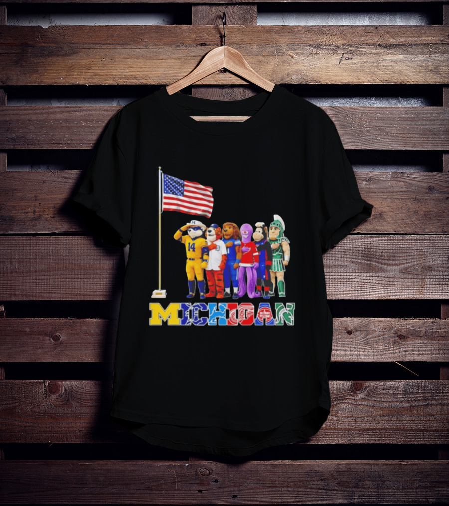 Michigan Wolverine Tigers Lions Red Wings Pistons Spartans Salute American Flag T-Shirt