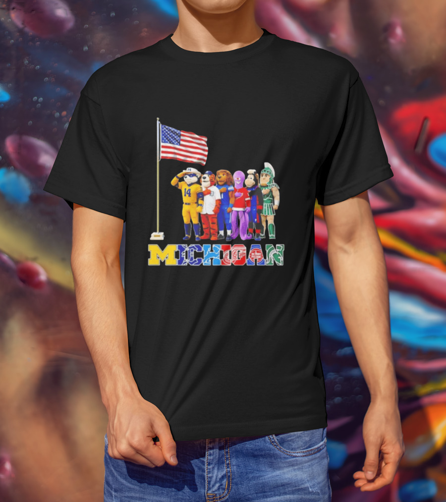 Michigan Wolverine Tigers Lions Red Wings Pistons Spartans Salute American Flag T-Shirt