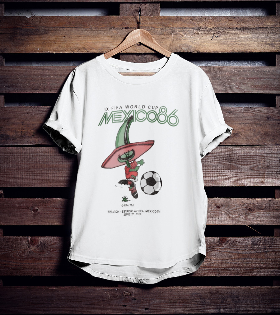 IX FIFA World Cup Mexico 86 Mascot Pique In Red Sombrero And Green Poncho With Soccer Ball T-Shirt