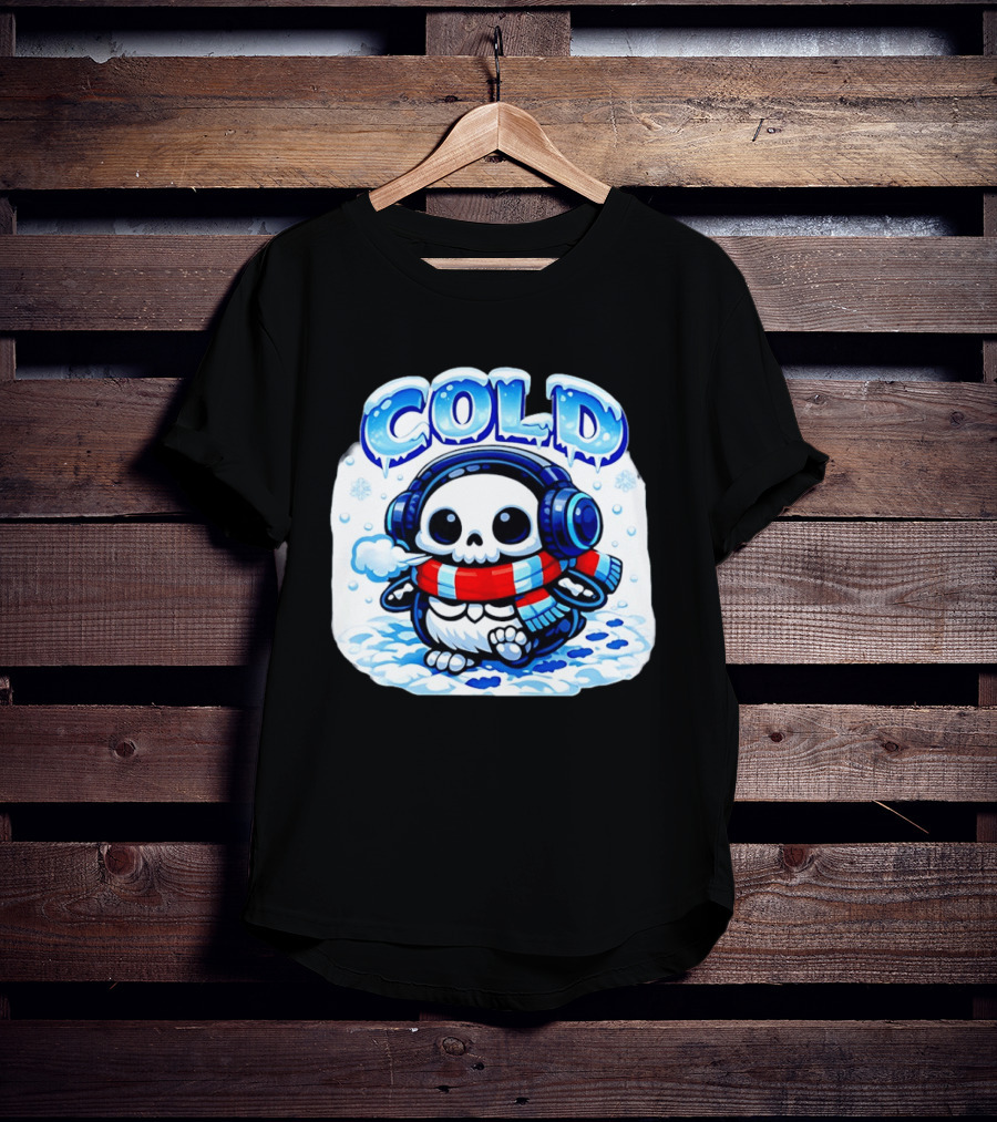 Cold Penguin Skeleton Winter Scarf Headphones Snowflakes T-Shirt