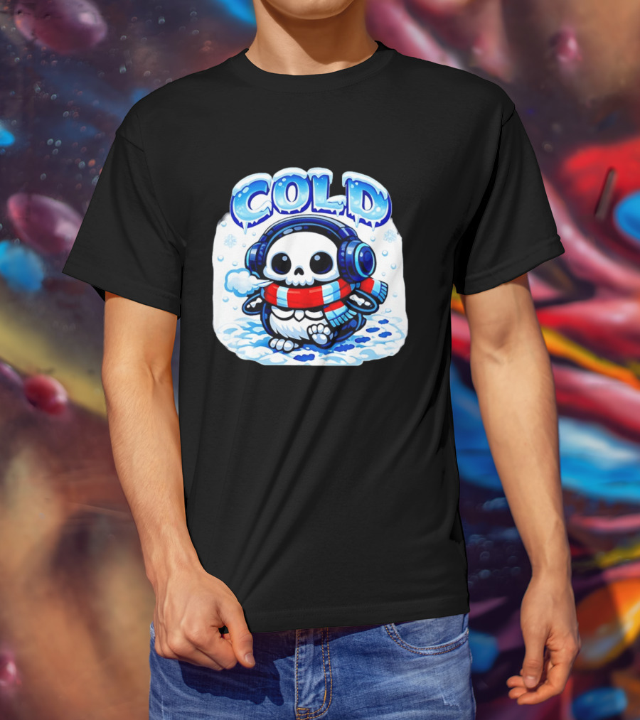 Cold Penguin Skeleton Winter Scarf Headphones Snowflakes T-Shirt