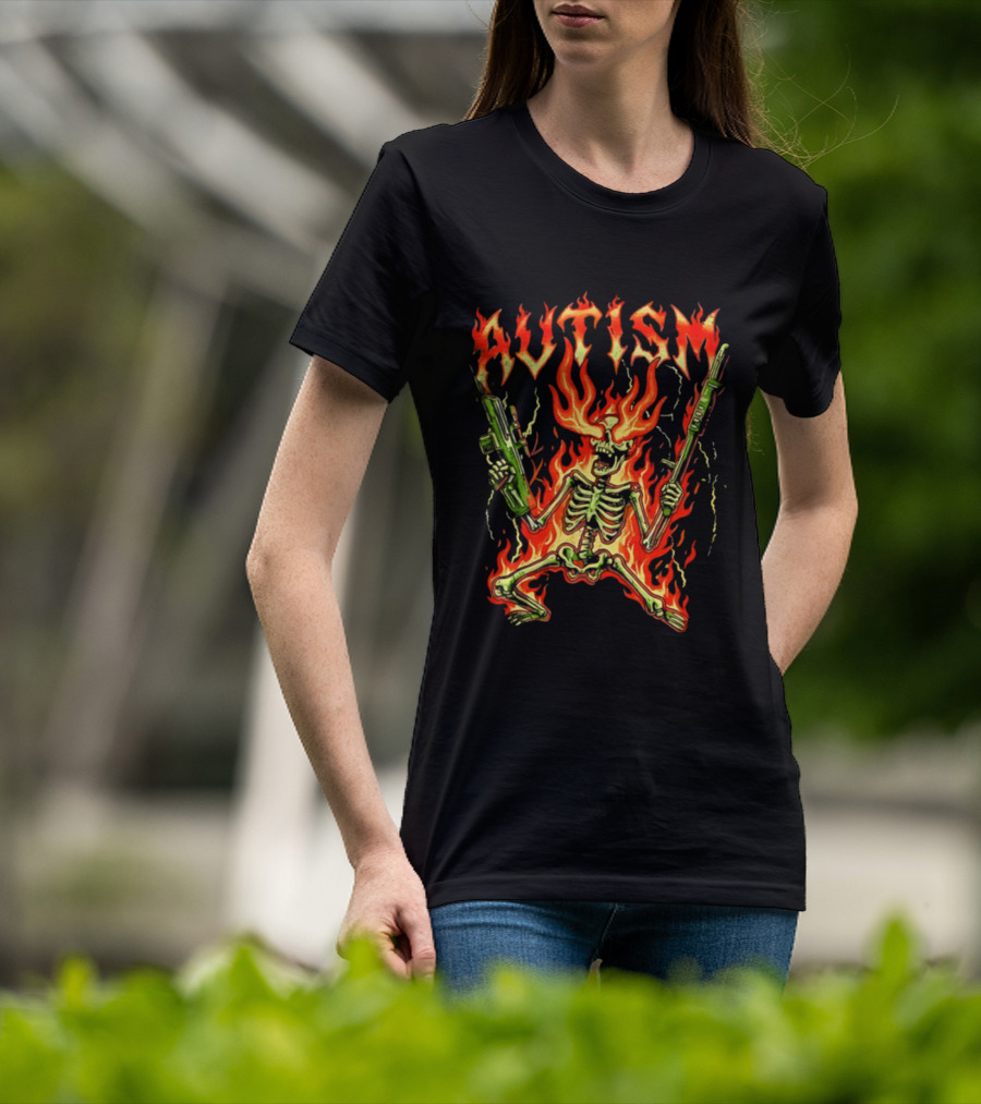 Skeleton Blazing Holding Two Rifle Guns Autism Flame T-Shirt
