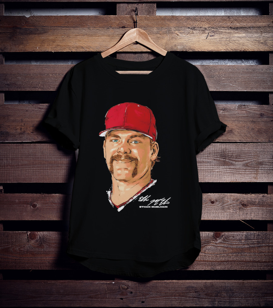 Ethan McElvain Arkansas Razorbacks Baseball Player Portrait In Red Cap T-Shirt