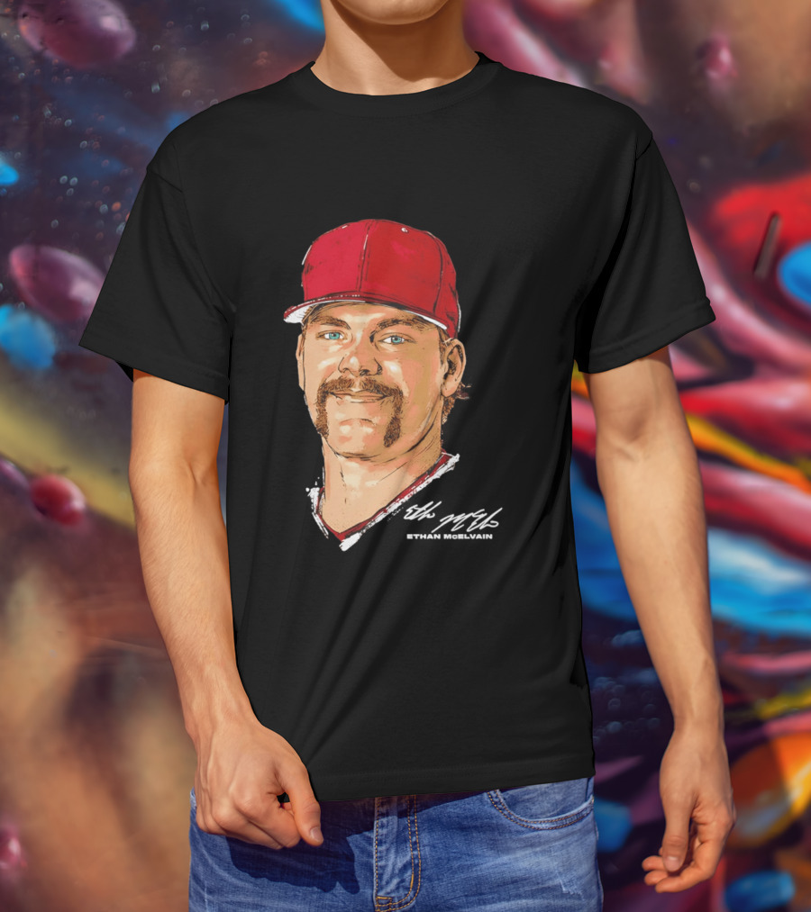 Ethan McElvain Arkansas Razorbacks Baseball Player Portrait In Red Cap T-Shirt