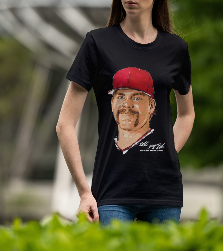 Ethan McElvain Arkansas Razorbacks Baseball Player Portrait In Red Cap T-Shirt