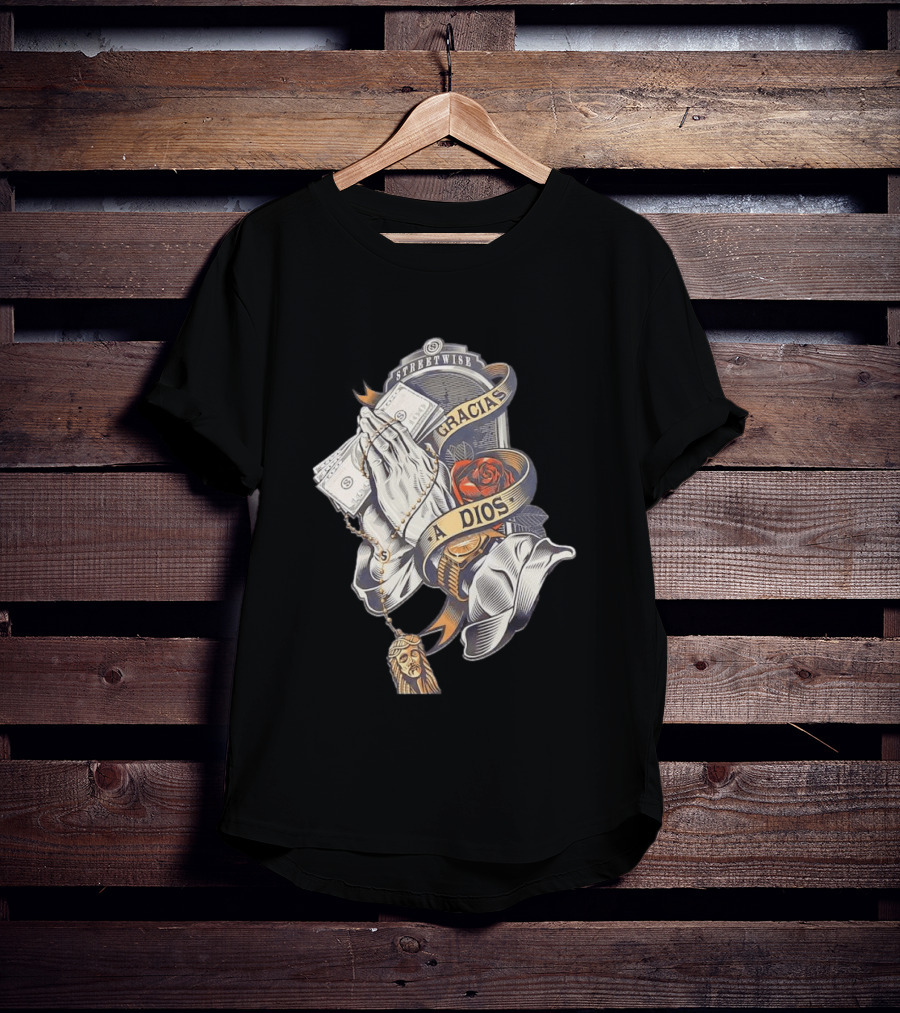 Streetwise Gracias A Dios Prayer Hands Rose Rosary T-Shirt