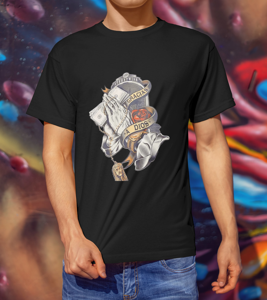 Streetwise Gracias A Dios Prayer Hands Rose Rosary T-Shirt