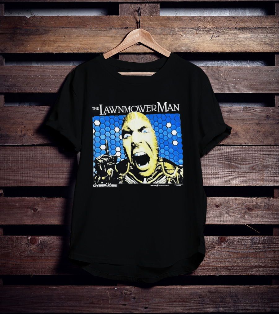 The Lawnmower Man Futuristic Cybernetic Face Against Blue Hexagon T-Shirt