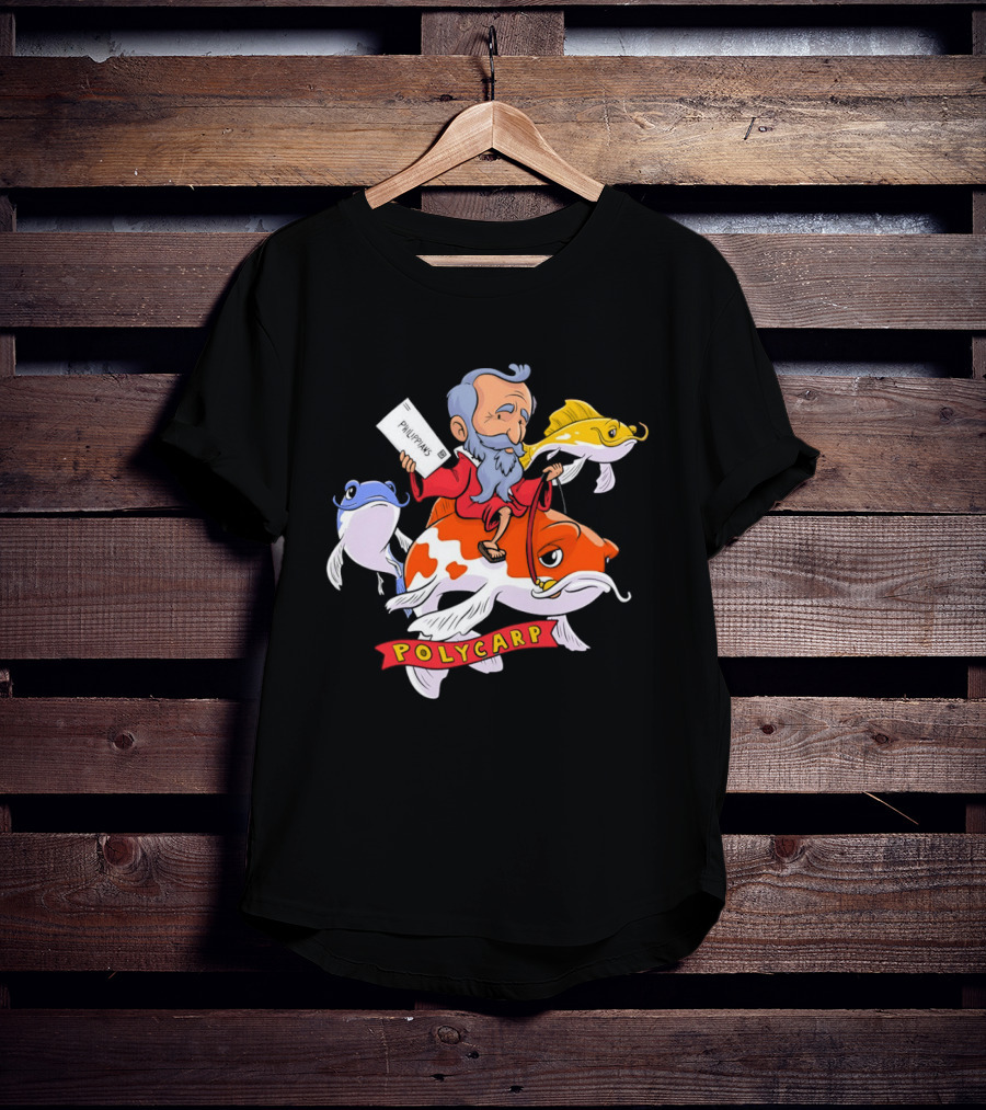 Polycarp Philippians Cartoon Elder Riding Giant Koi Fish With Scroll And Whimsical Sea Creatures T-Shirt