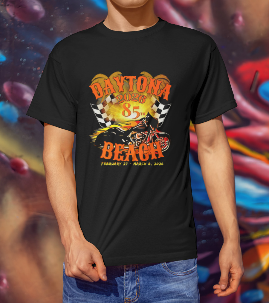 Daytona Beach 2026 85th Anniversary February 27 To March 6 With Motorcycle And Checkered Flag T-Shirt