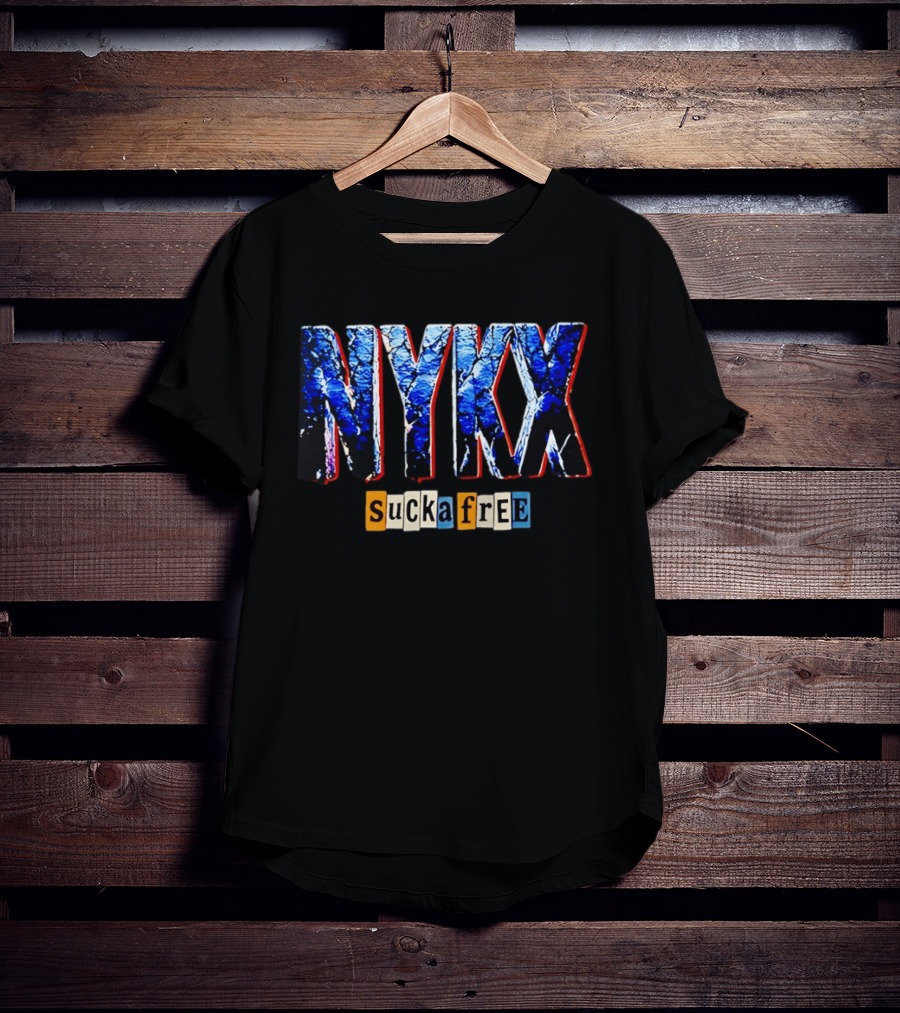 NYKX Sucka Free Bold Blue Text With Colorful Block Letters T-Shirt
