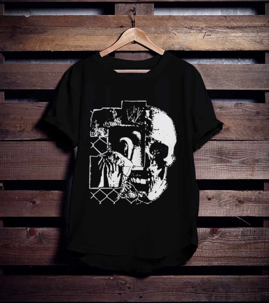 Harms Way Chain Link Skull 2026 Distorted Surreal White Design With Fence T-Shirt